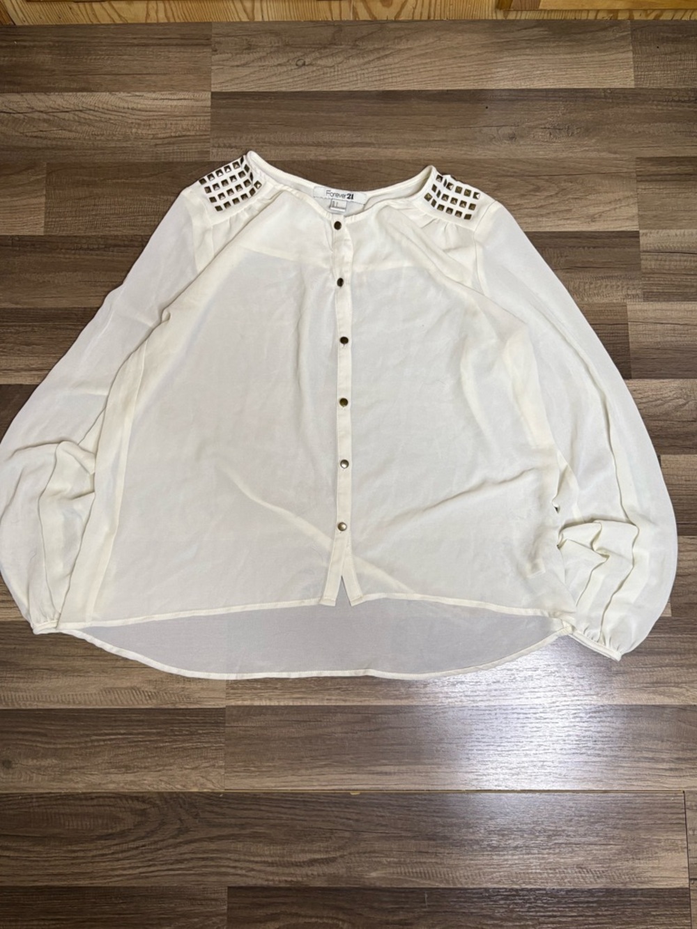Forever 21 White Studded Sheer Long Sleeve Blouse Women’s Size L